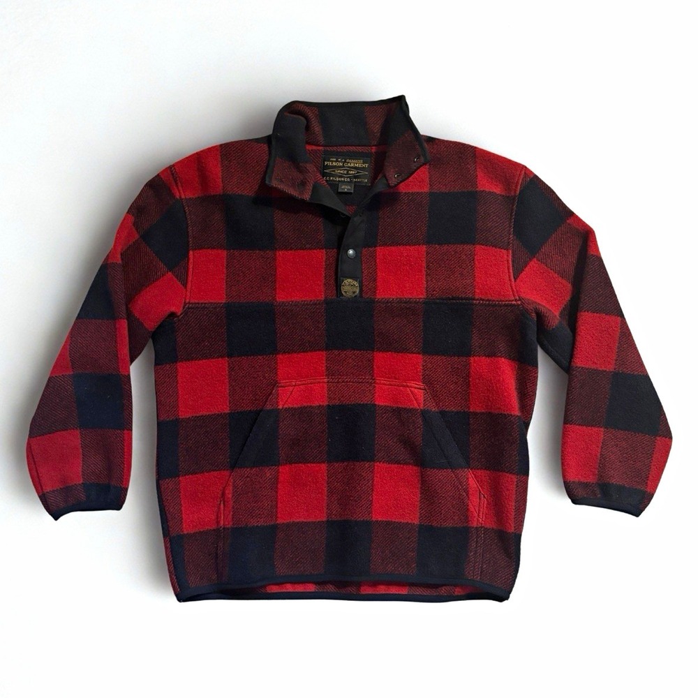 Filson Okanogan Wool Pullover Jacket Mens S Red Black Buffalo Plaid Snap Outdoor